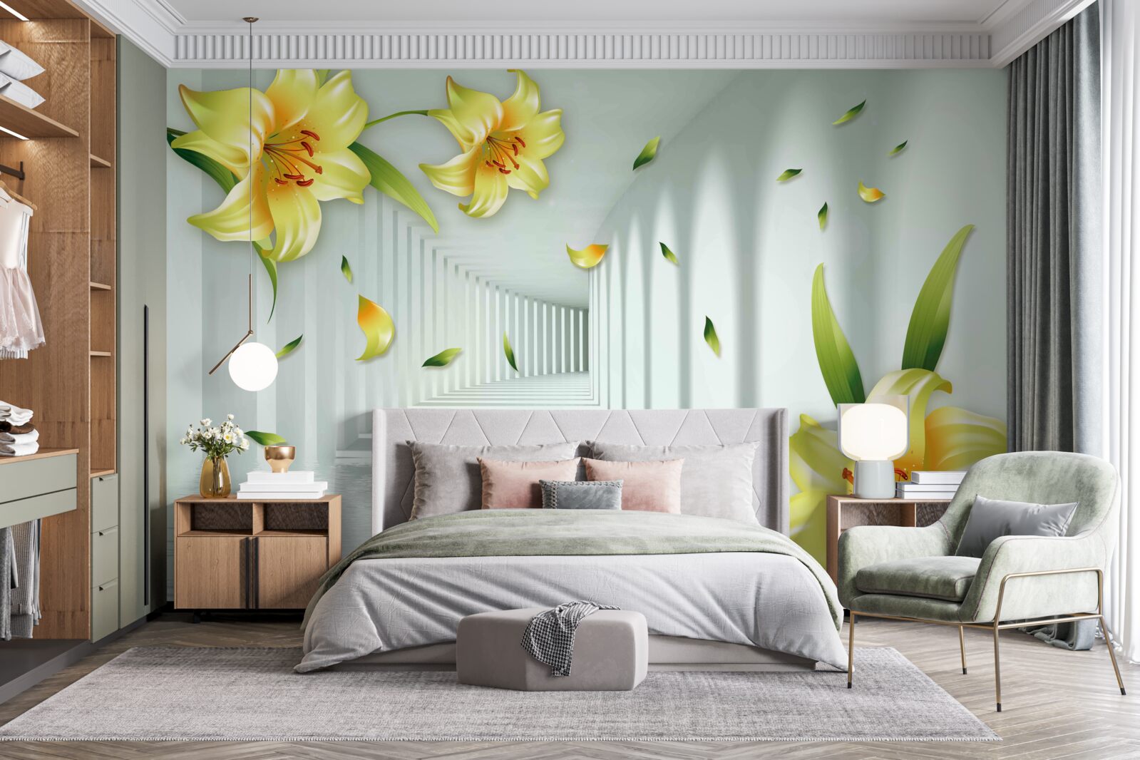 Fototapeta trojrozmerný tunel so žltými ľaliami