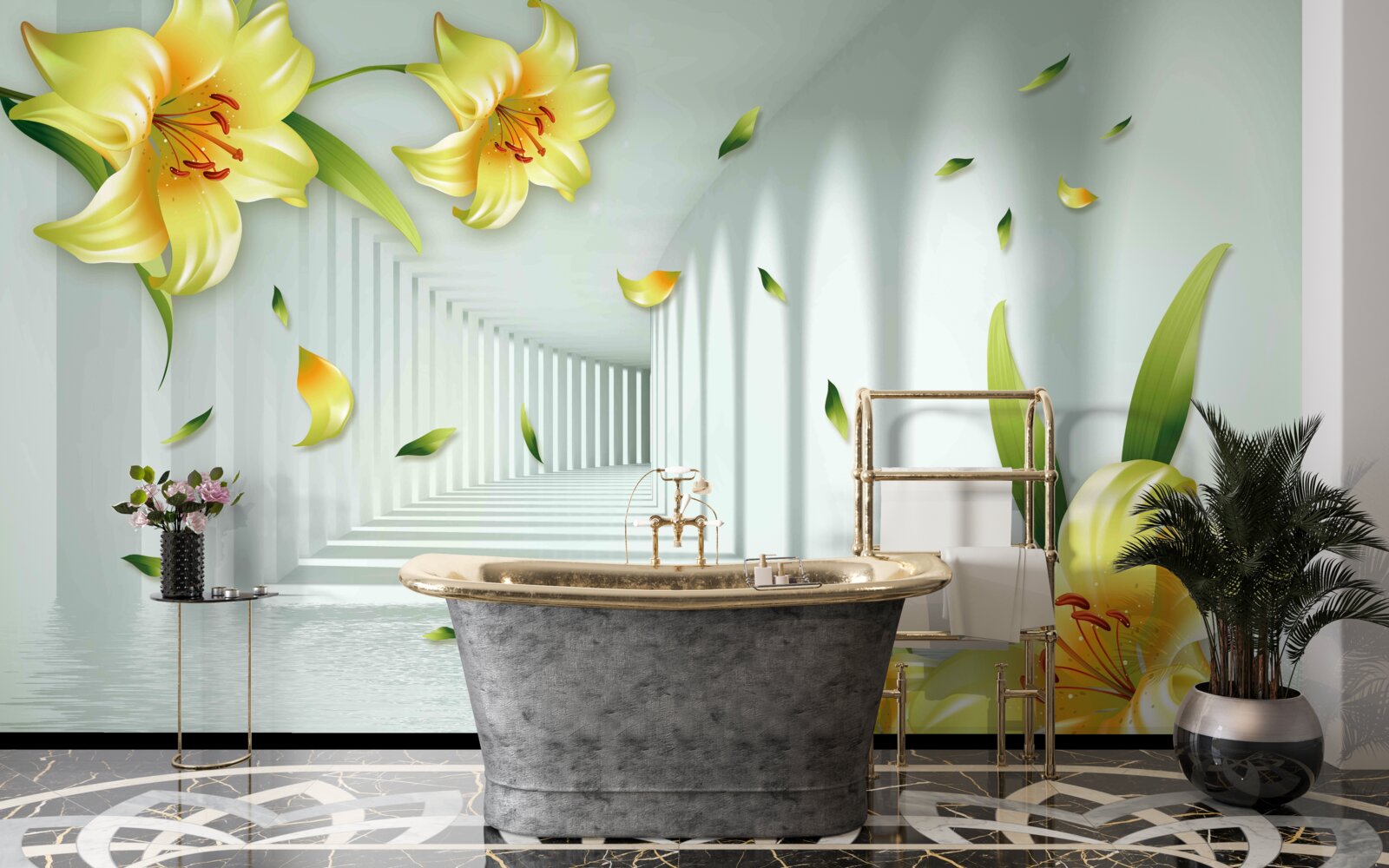 Fototapeta trojrozmerný tunel so žltými ľaliami