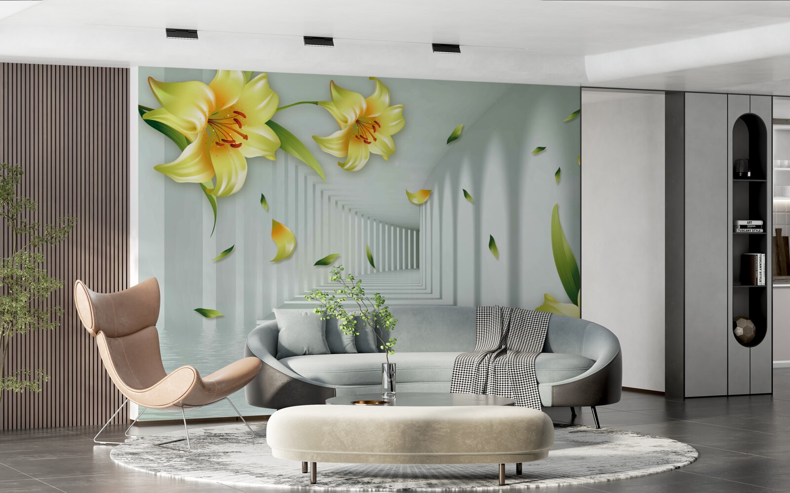 Fototapeta trojrozmerný tunel so žltými ľaliami