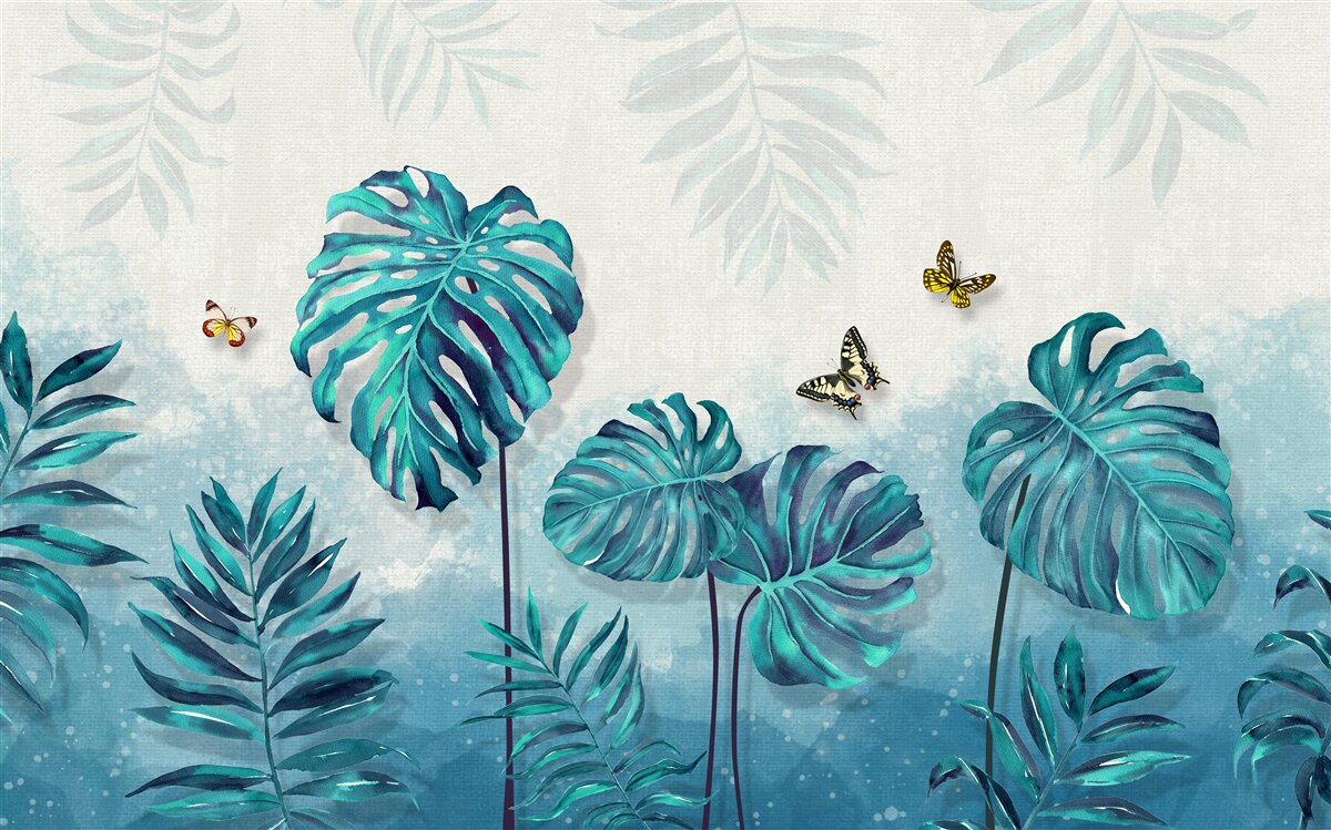 Fototapeta Listy Monstera sú modrej farby, zdobené motýľmi