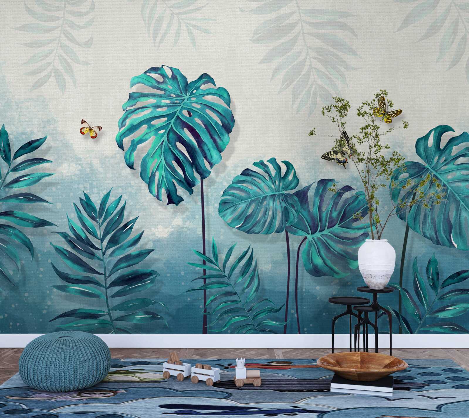 Fototapeta Listy Monstera sú modrej farby, zdobené motýľmi