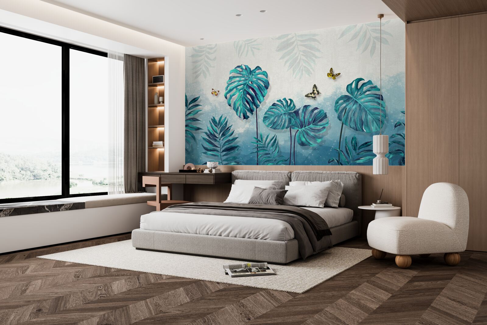 Fototapeta Listy Monstera sú modrej farby, zdobené motýľmi