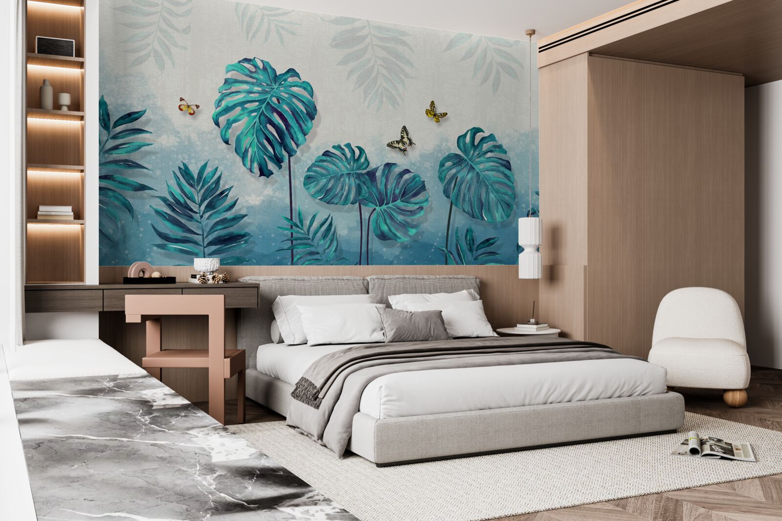 Fototapeta Listy Monstera sú modrej farby, zdobené motýľmi