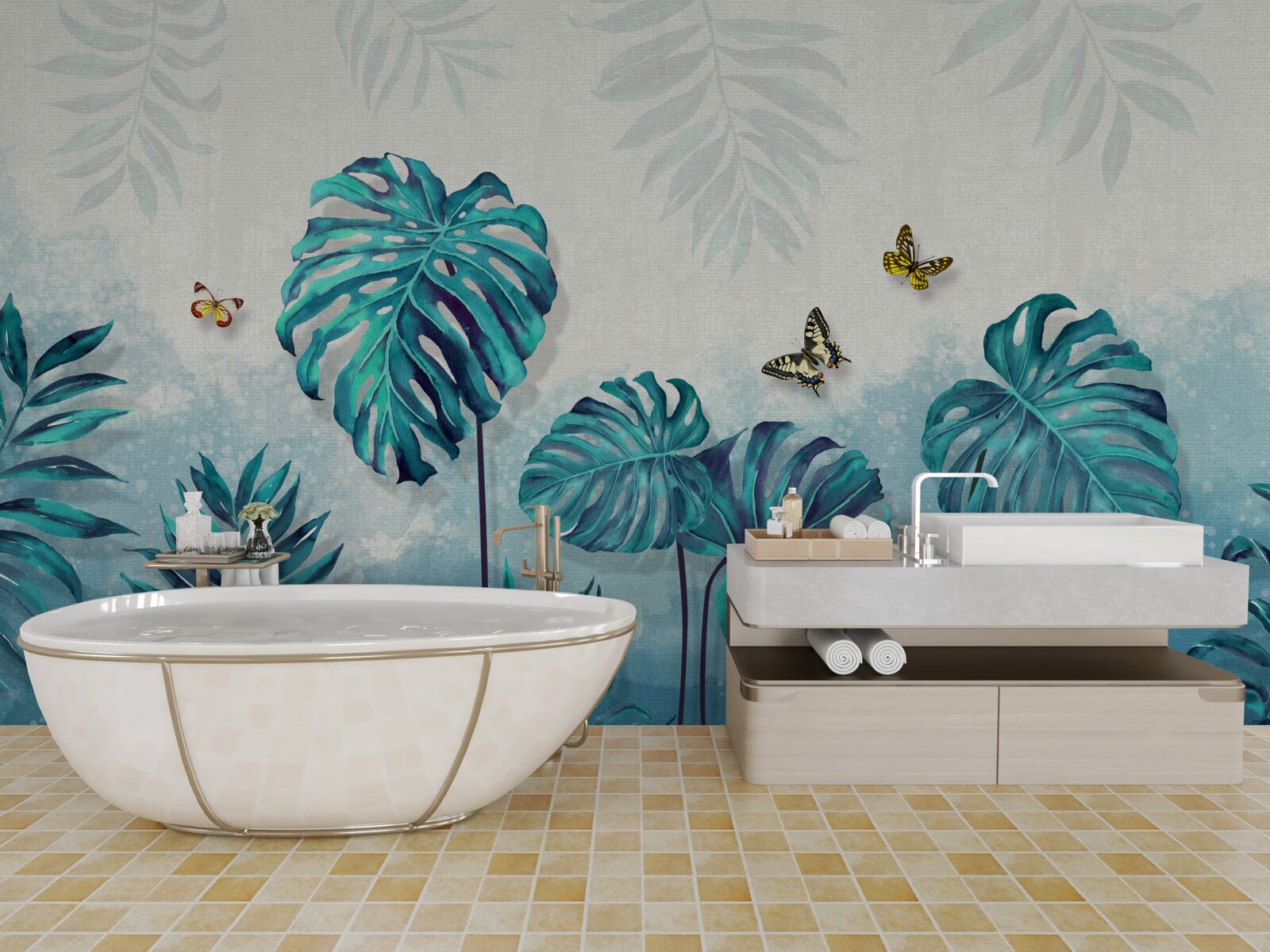 Fototapeta Listy Monstera sú modrej farby, zdobené motýľmi