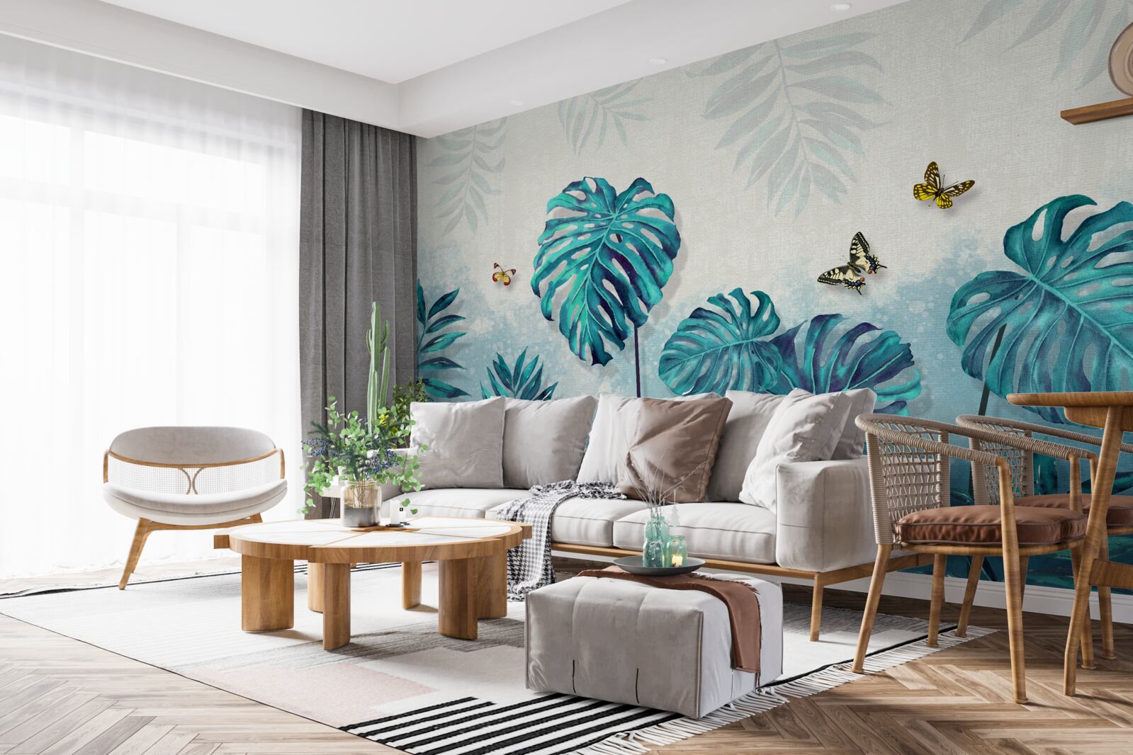 Fototapeta Listy Monstera sú modrej farby, zdobené motýľmi