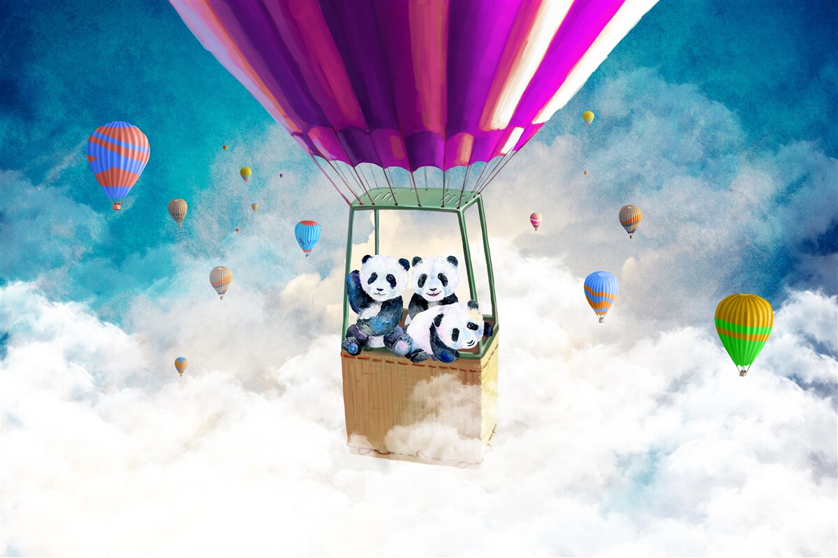 Fototapeta teplovzdušný balón dvíha pandy do neba