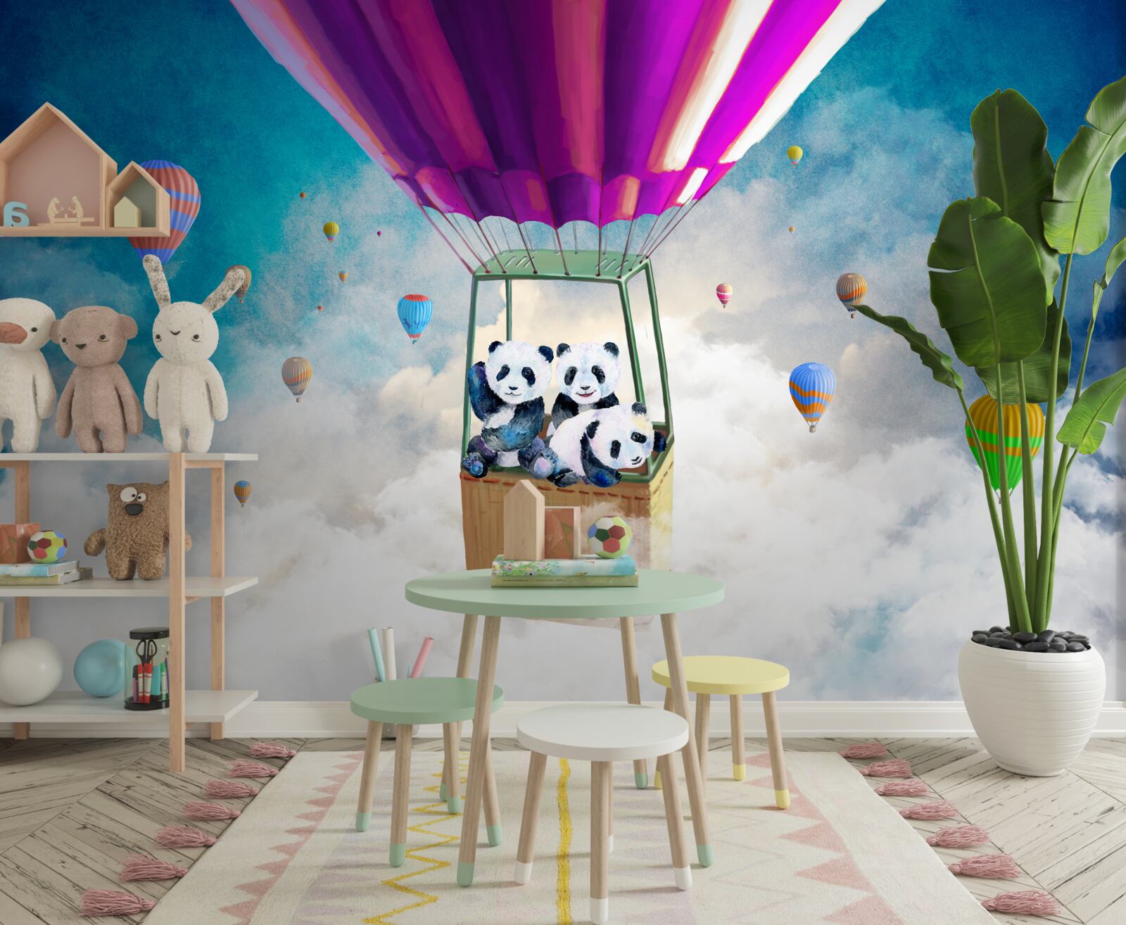 Fototapeta teplovzdušný balón dvíha pandy do neba