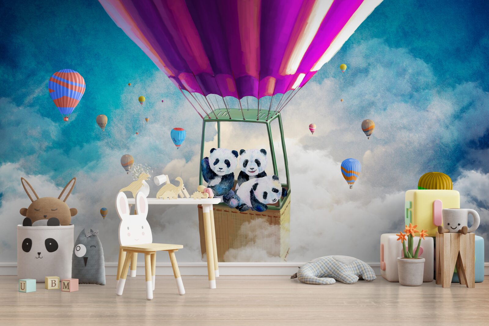 Fototapeta teplovzdušný balón dvíha pandy do neba