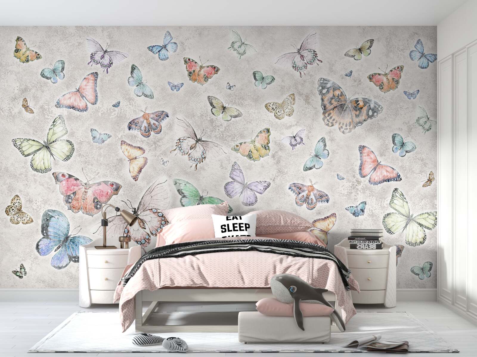 Fototapeta Žiariace motýle na sivom pozadí