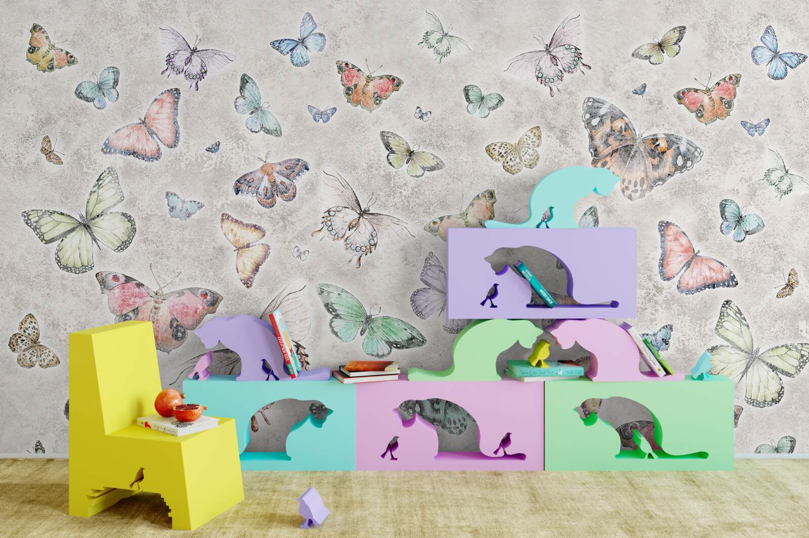 Fototapeta Žiariace motýle na sivom pozadí