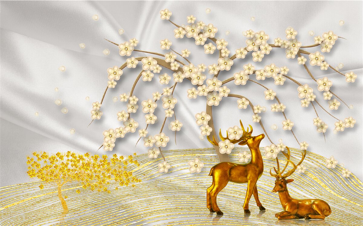 Fototapeta popod konáre sakury sa prechádza jeleň vyrobený zo zlata