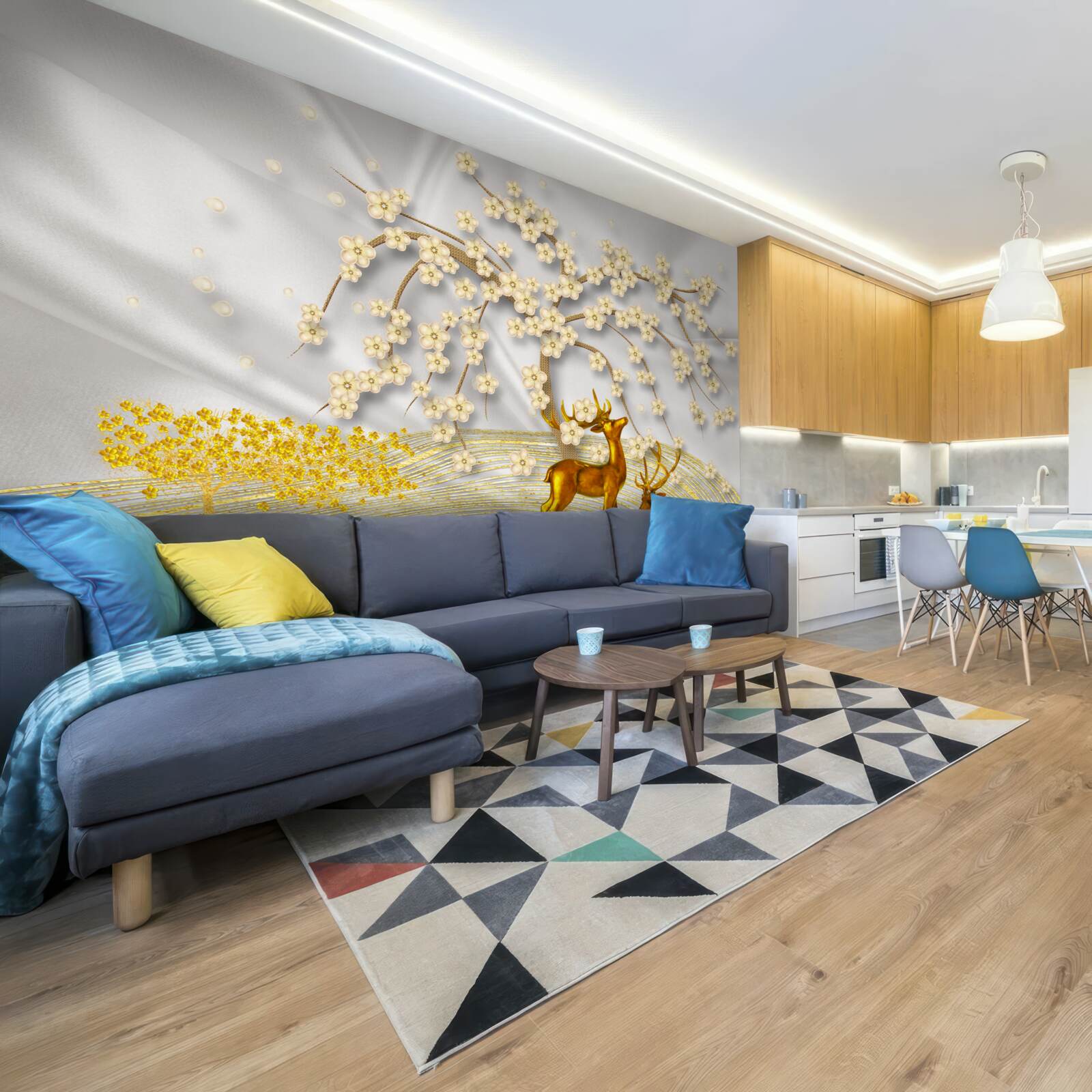 Fototapeta popod konáre sakury sa prechádza jeleň vyrobený zo zlata