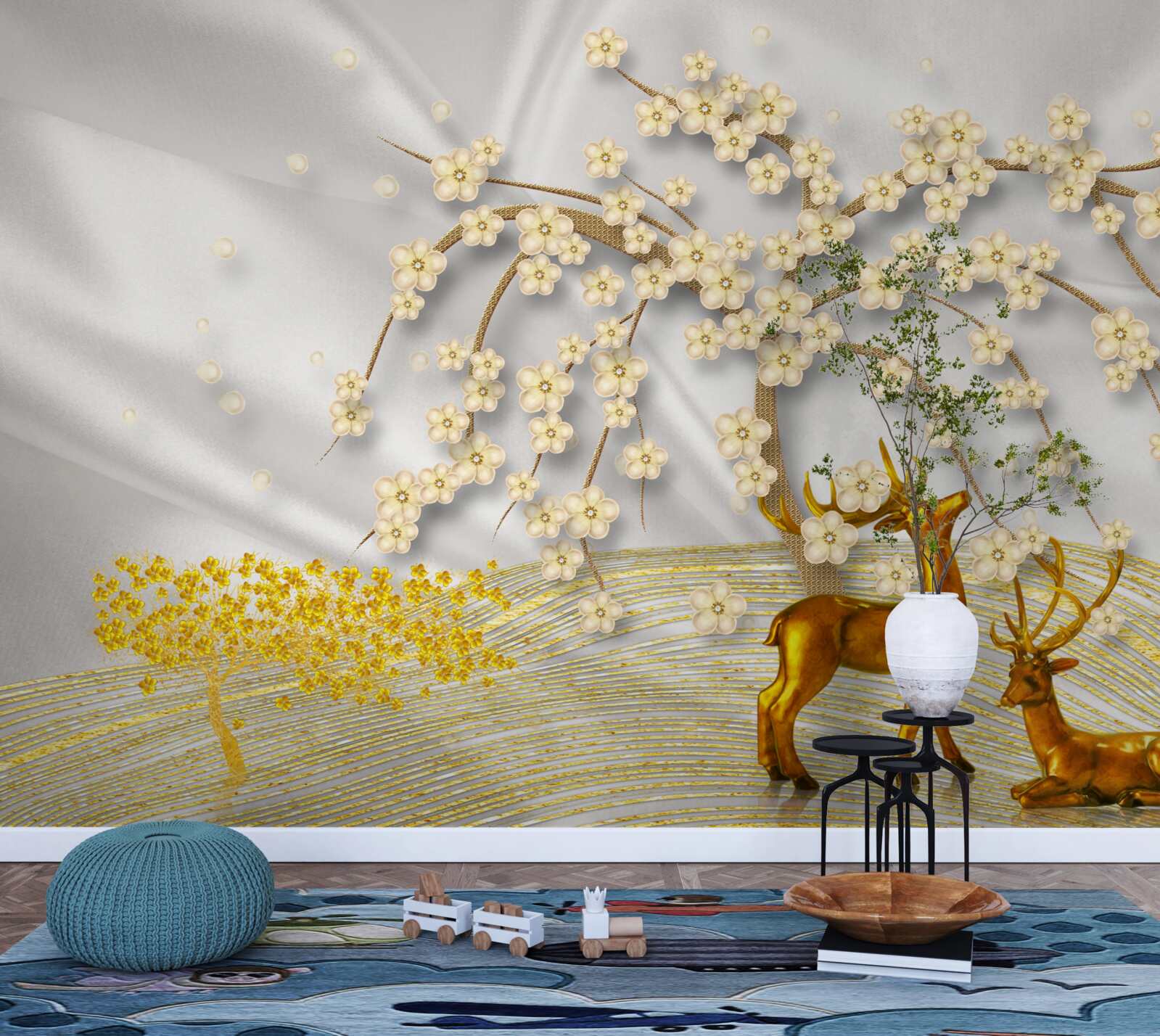 Fototapeta popod konáre sakury sa prechádza jeleň vyrobený zo zlata