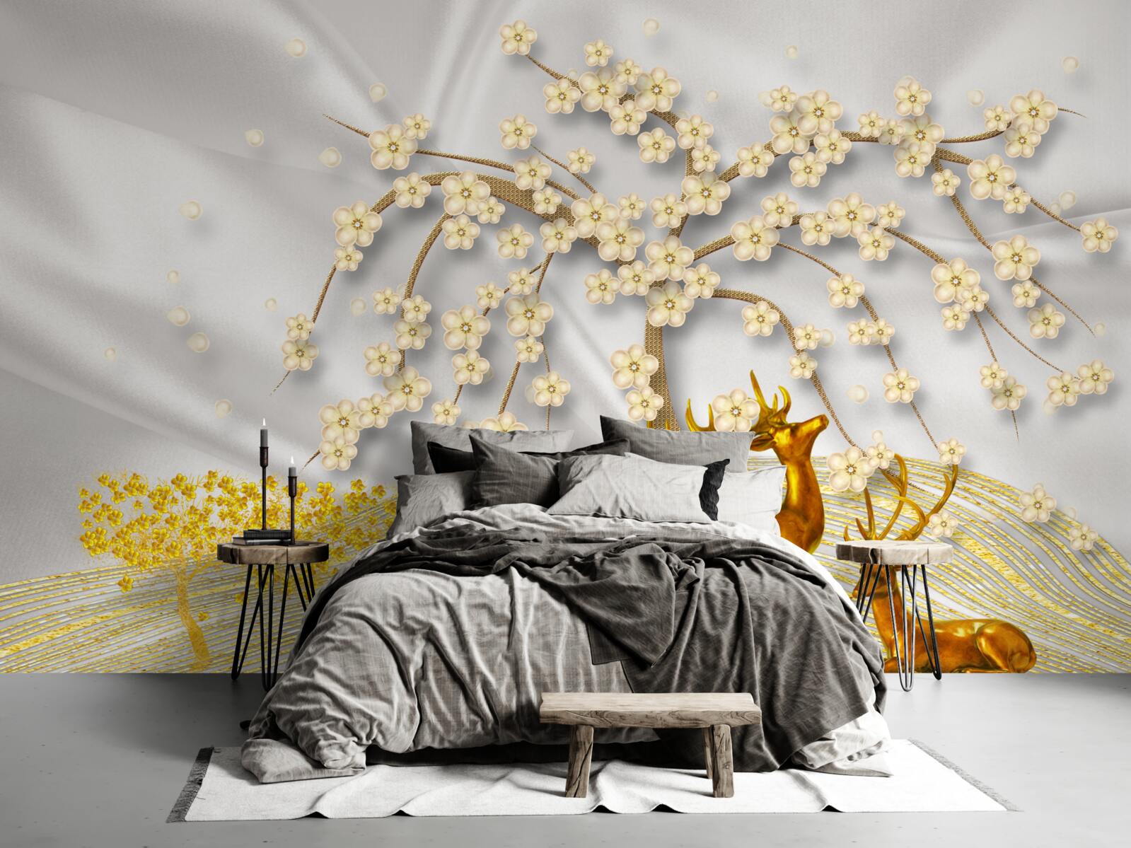 Fototapeta popod konáre sakury sa prechádza jeleň vyrobený zo zlata