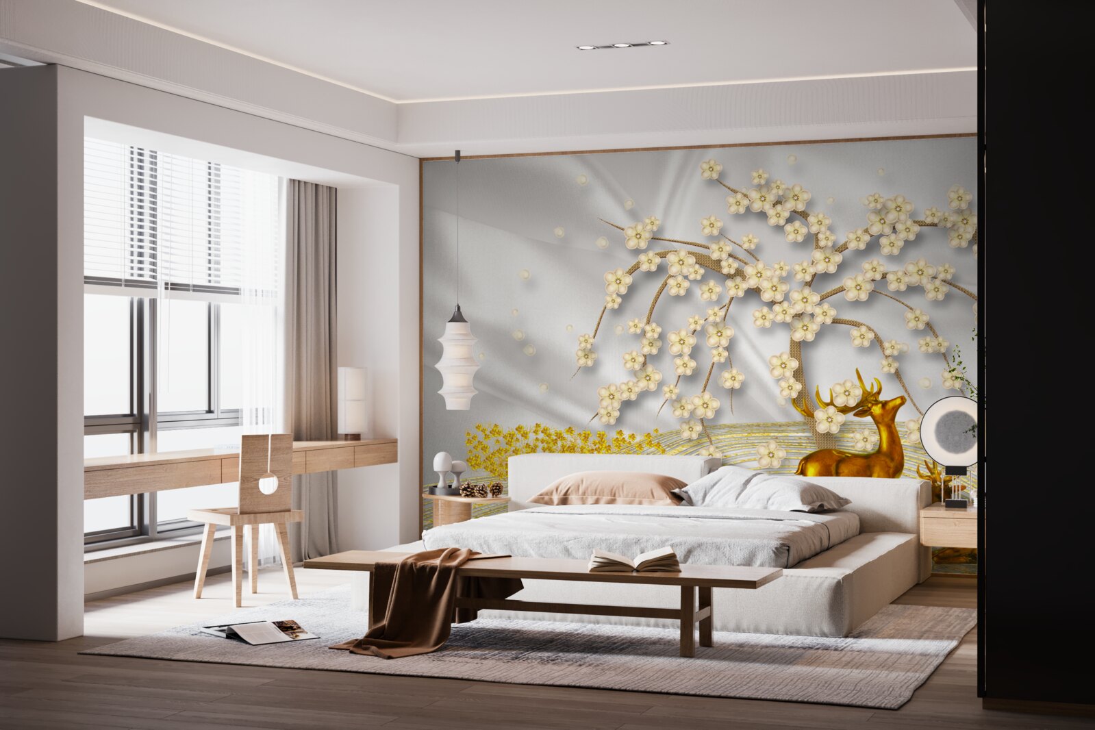 Fototapeta popod konáre sakury sa prechádza jeleň vyrobený zo zlata