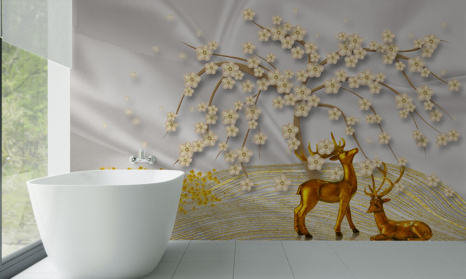 Fototapeta popod konáre sakury sa prechádza jeleň vyrobený zo zlata
