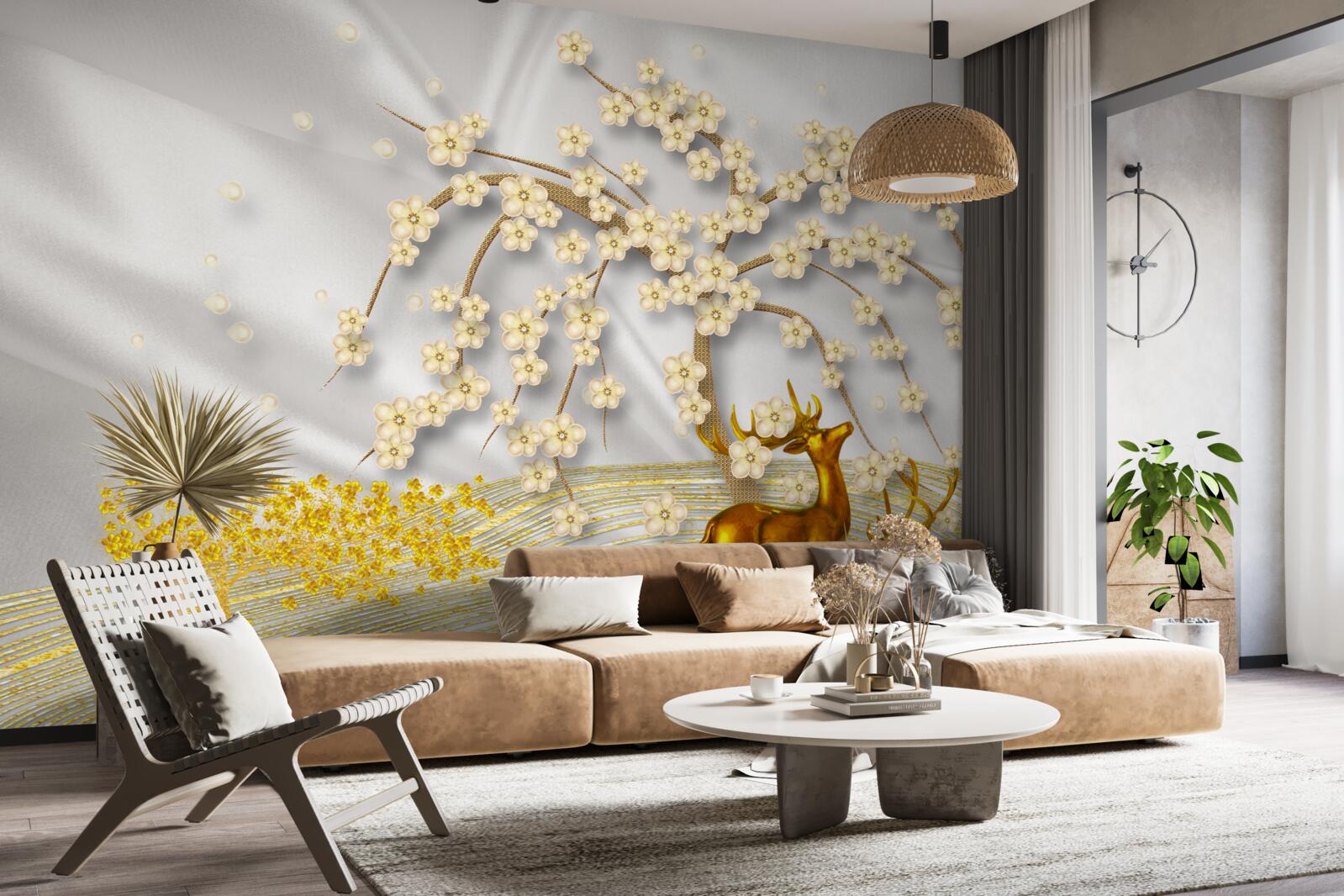 Fototapeta popod konáre sakury sa prechádza jeleň vyrobený zo zlata