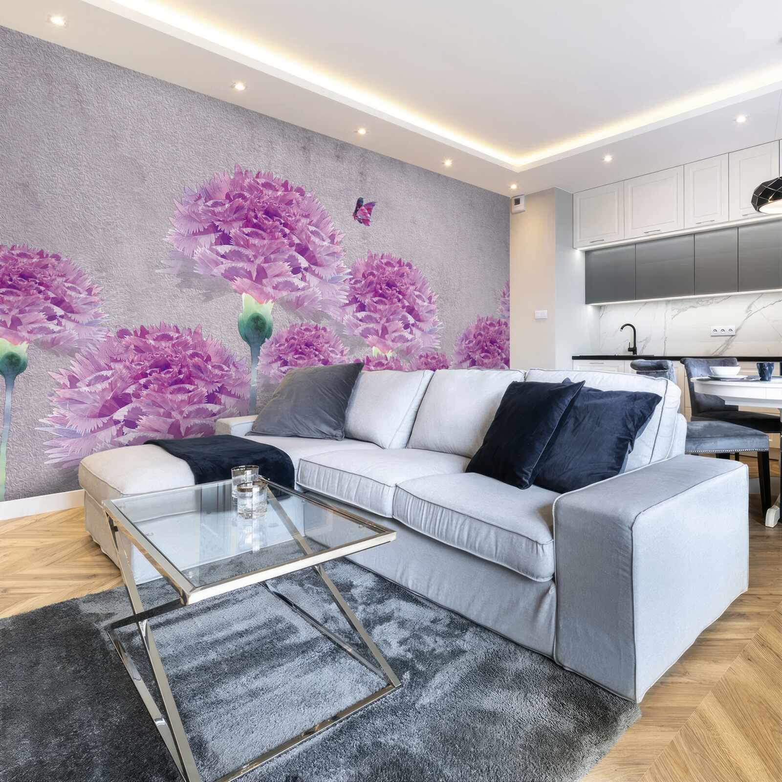 Fototapeta veľké lila karafiáty a motýľ