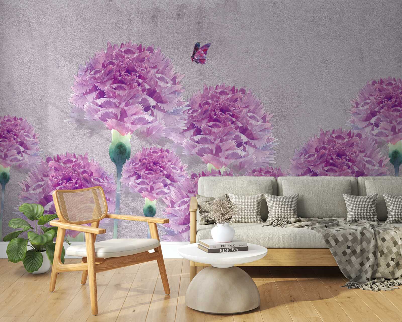 Fototapeta veľké lila karafiáty a motýľ