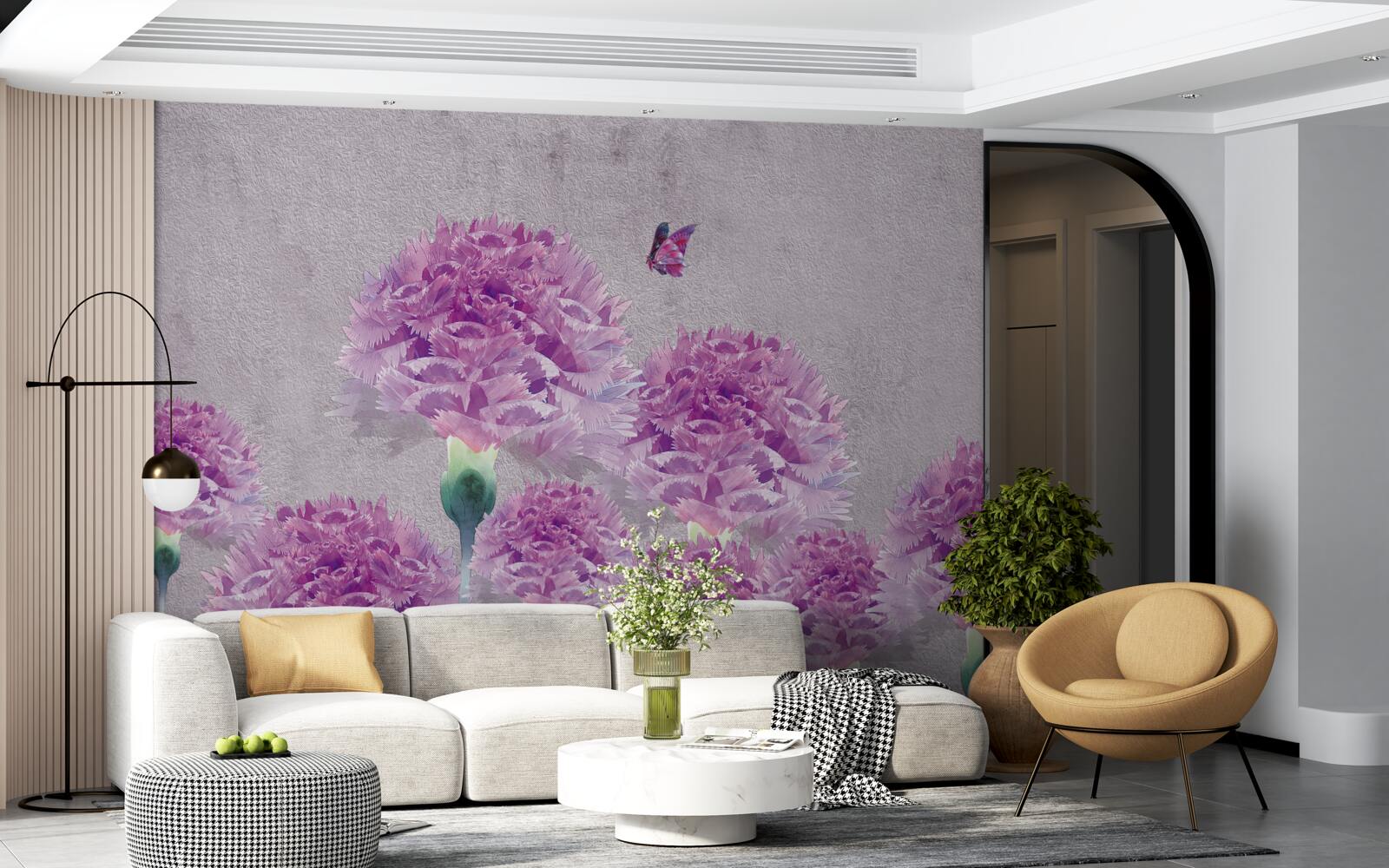 Fototapeta veľké lila karafiáty a motýľ
