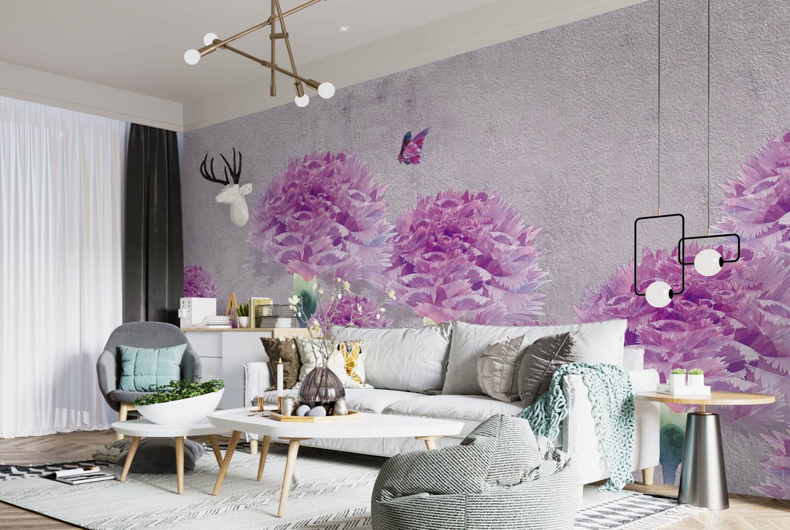 Fototapeta veľké lila karafiáty a motýľ