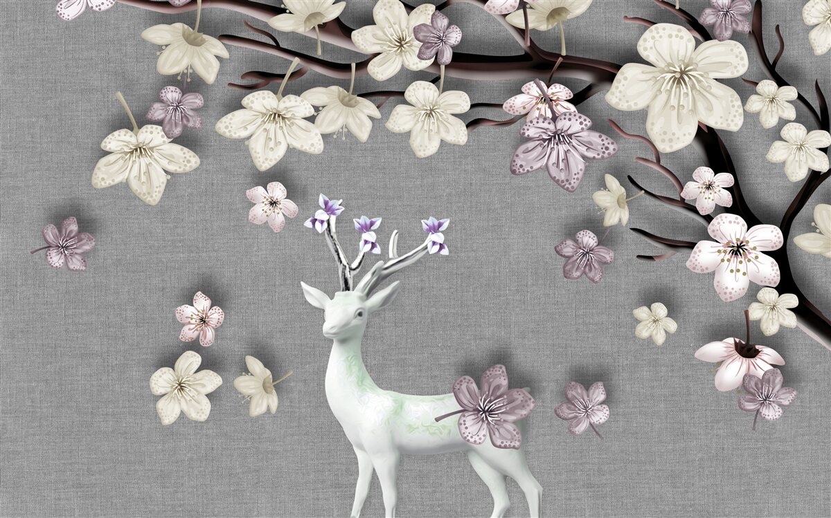 Fototapeta kvitnúce konáre magnólie a biele jelene