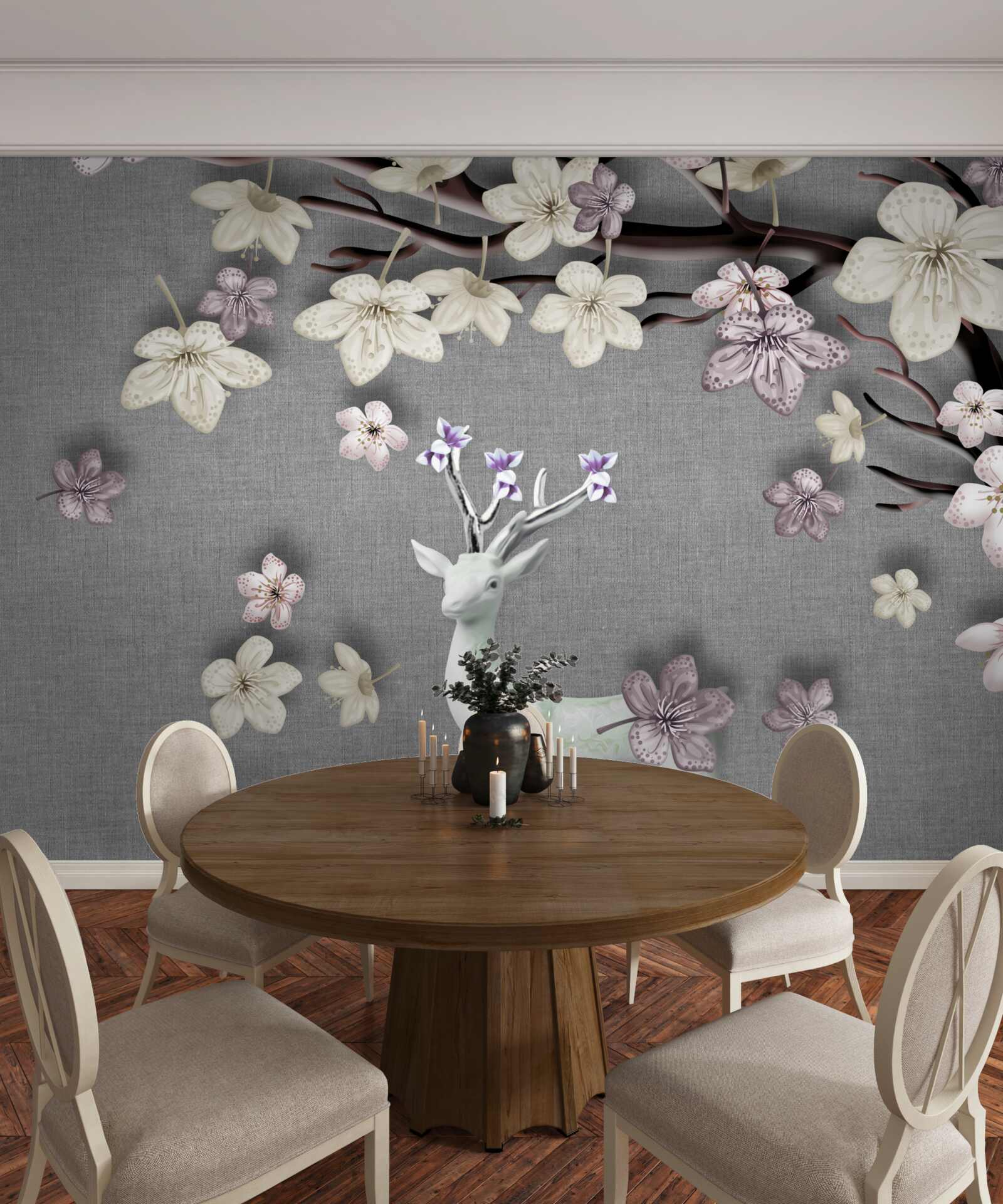 Fototapeta kvitnúce konáre magnólie a biele jelene