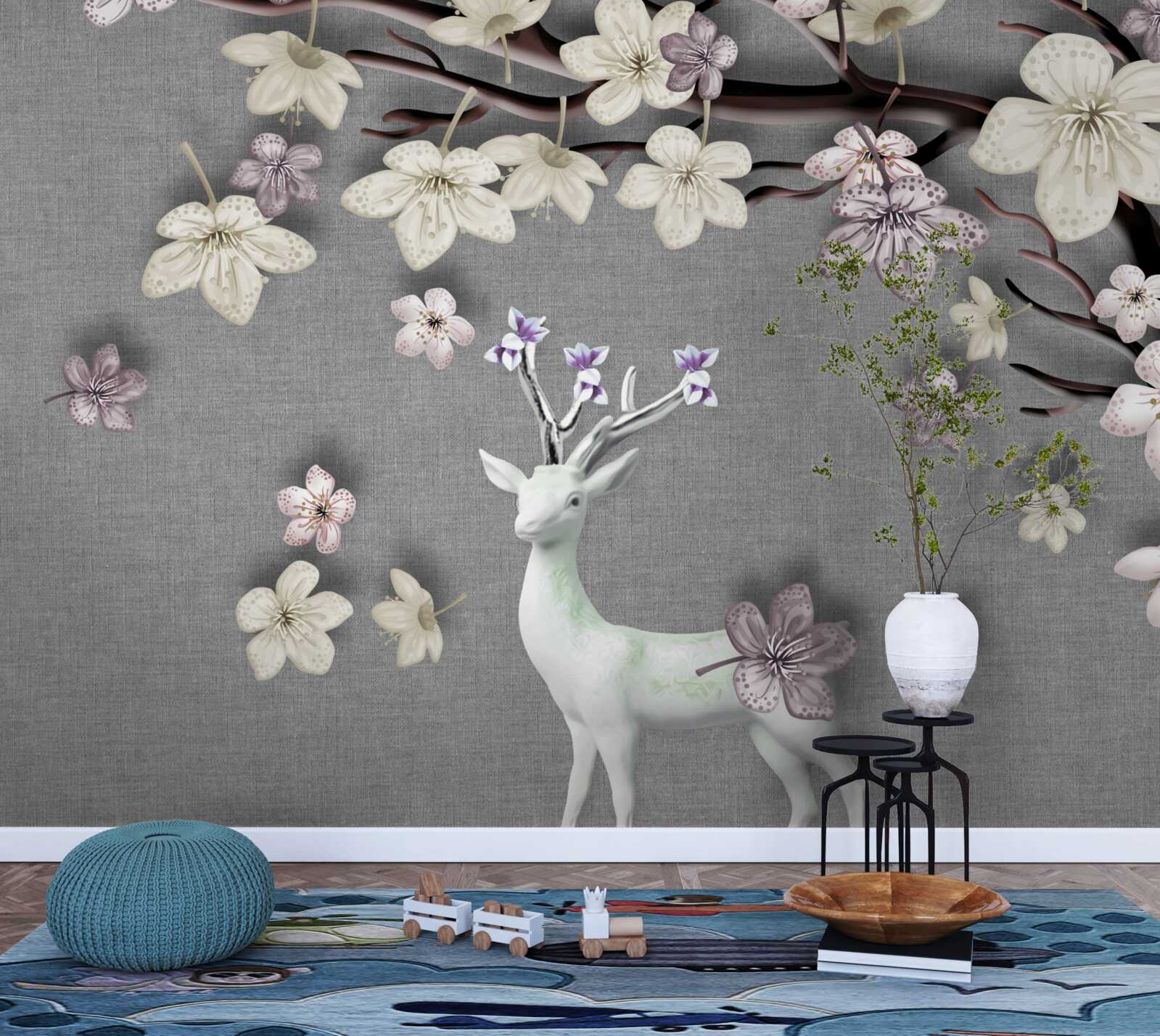 Fototapeta kvitnúce konáre magnólie a biele jelene