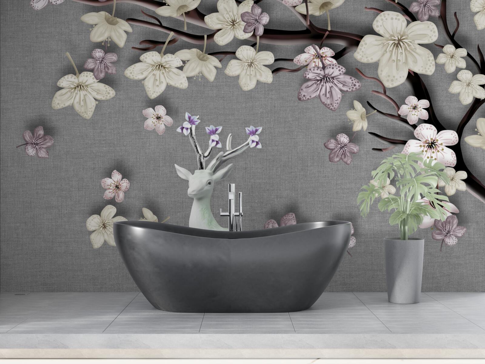 Fototapeta kvitnúce konáre magnólie a biele jelene