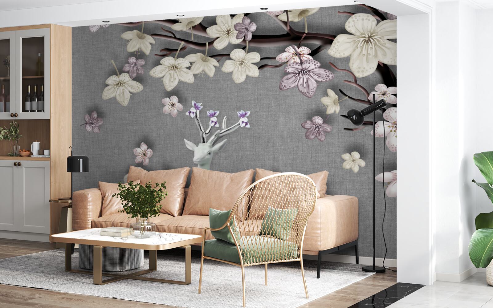 Fototapeta kvitnúce konáre magnólie a biele jelene