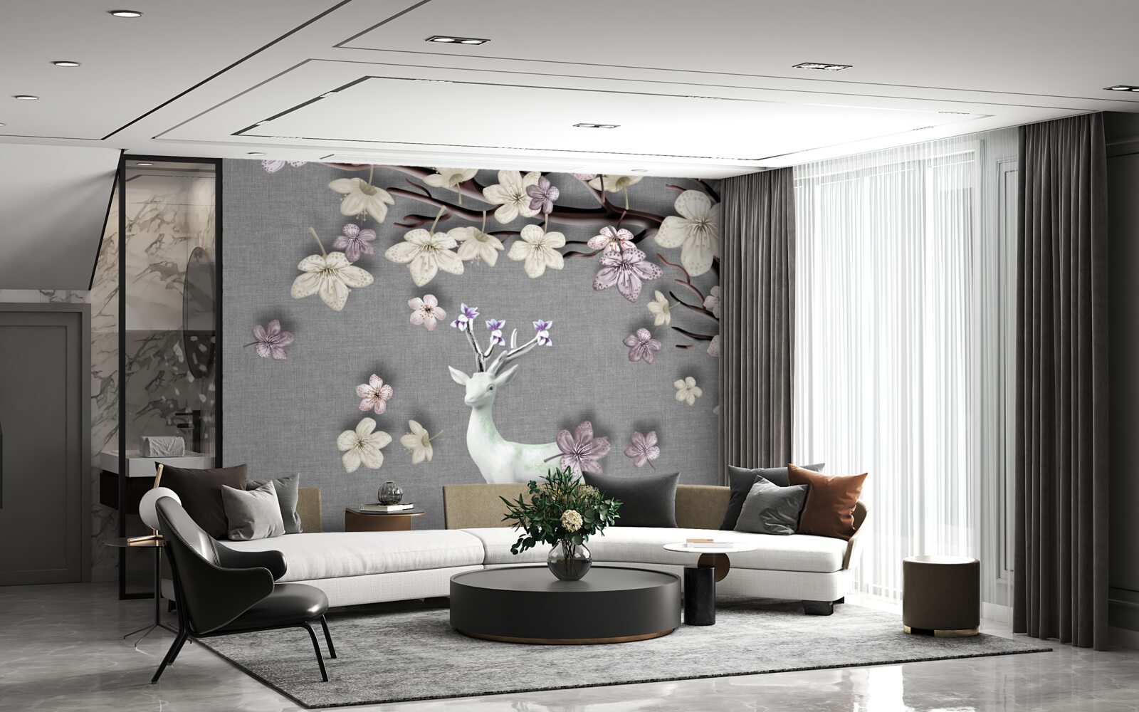 Fototapeta kvitnúce konáre magnólie a biele jelene