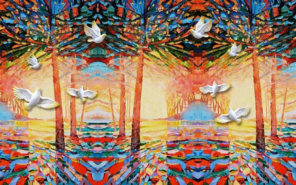 Fototapeta Snehobiele holuby pri rybníku pri západe slnka