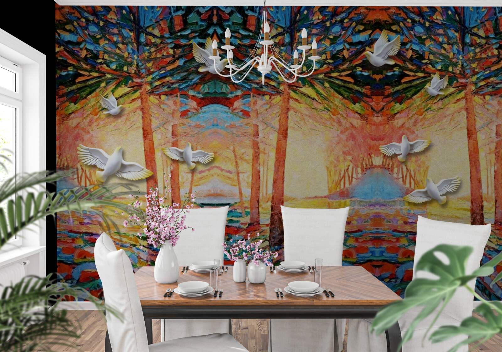 Fototapeta Snehobiele holuby pri rybníku pri západe slnka