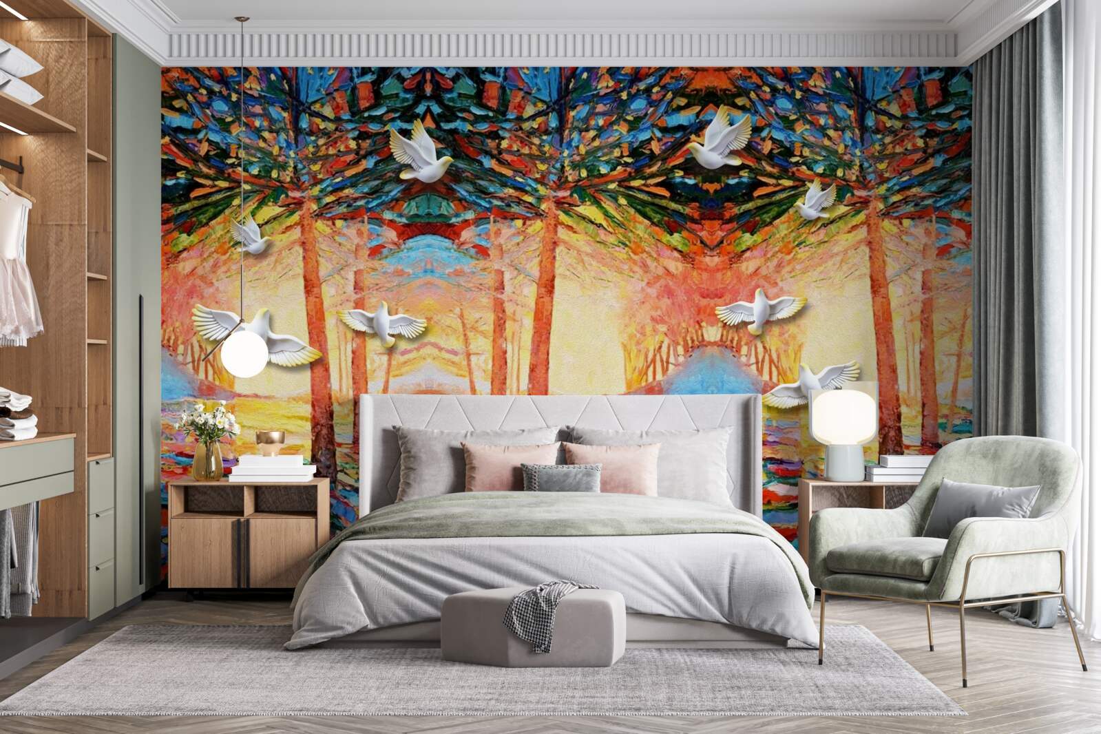 Fototapeta Snehobiele holuby pri rybníku pri západe slnka