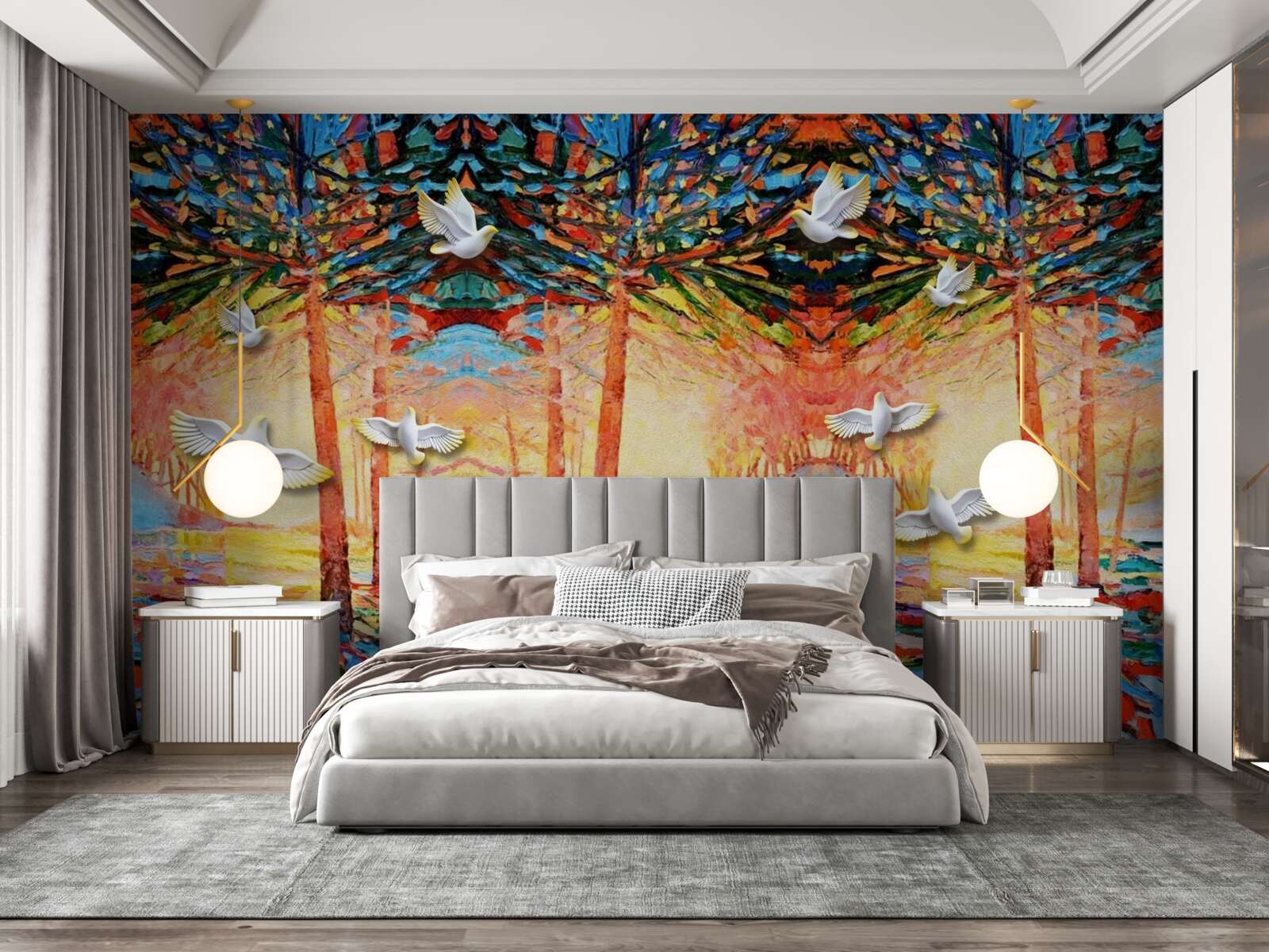 Fototapeta Snehobiele holuby pri rybníku pri západe slnka