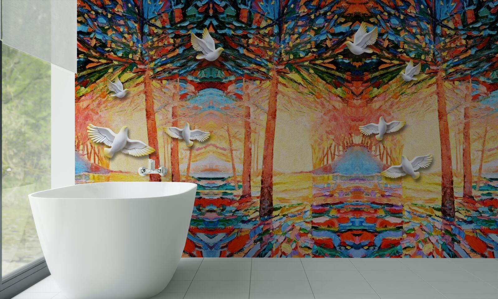 Fototapeta Snehobiele holuby pri rybníku pri západe slnka