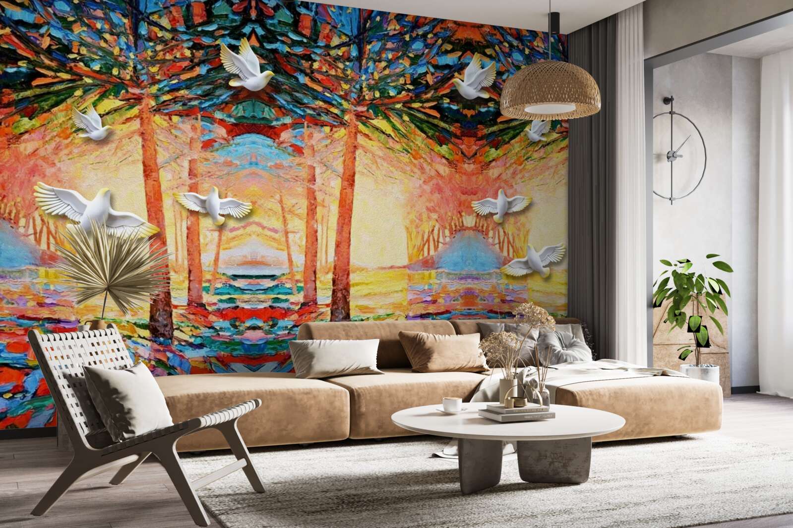 Fototapeta Snehobiele holuby pri rybníku pri západe slnka