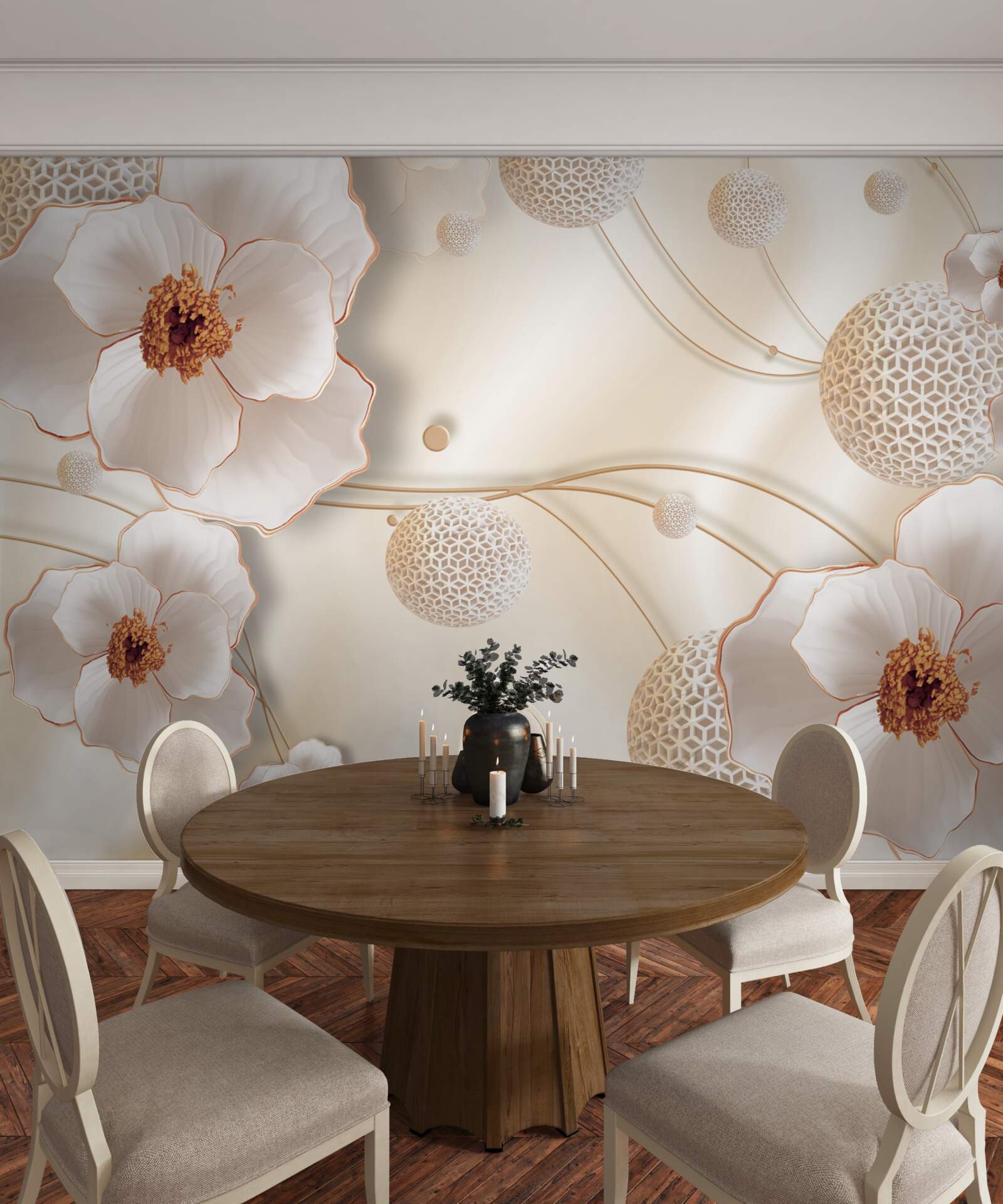 Fototapeta vetvičky zdobené zlatom, bielymi kvetmi a lesklými kryštálmi