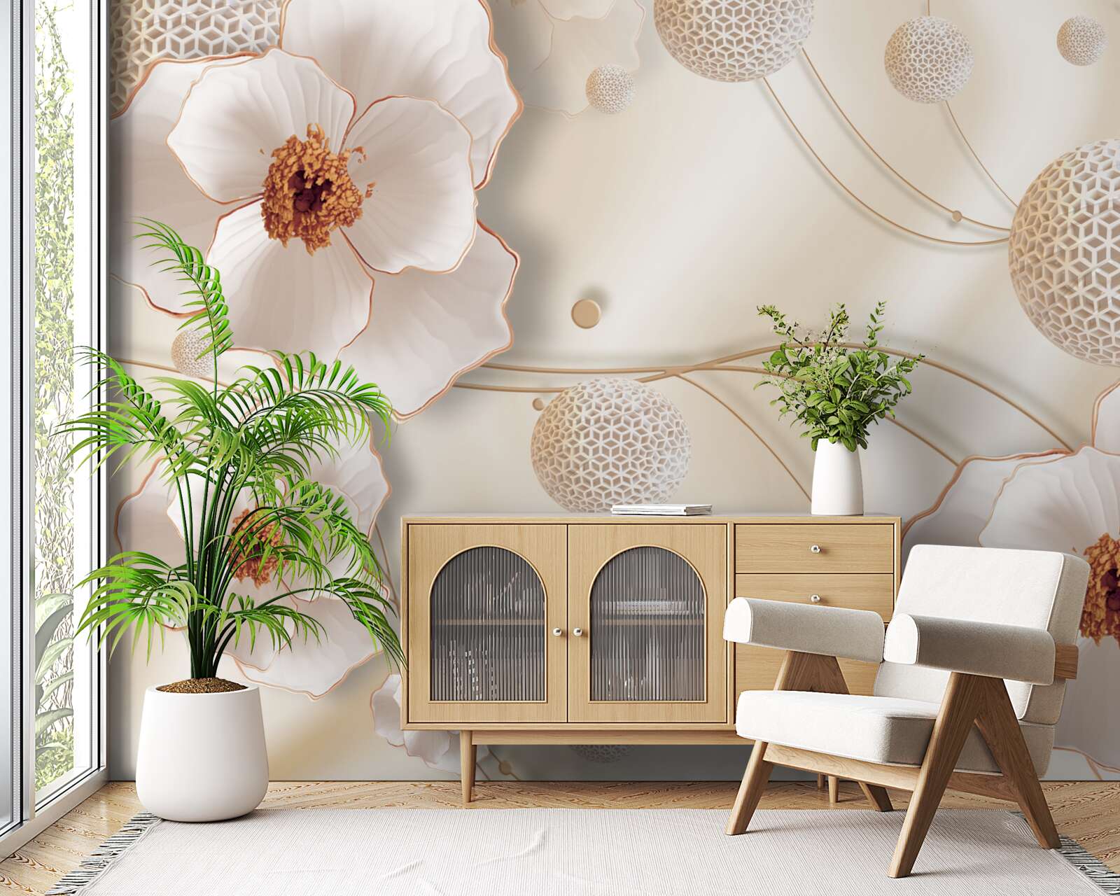 Fototapeta vetvičky zdobené zlatom, bielymi kvetmi a lesklými kryštálmi