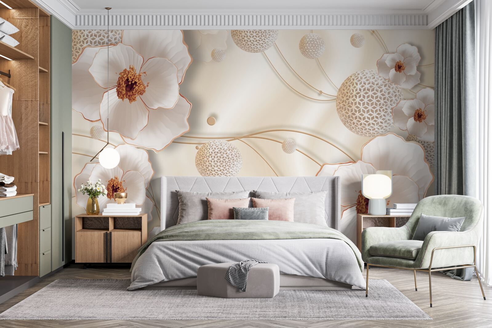 Fototapeta vetvičky zdobené zlatom, bielymi kvetmi a lesklými kryštálmi