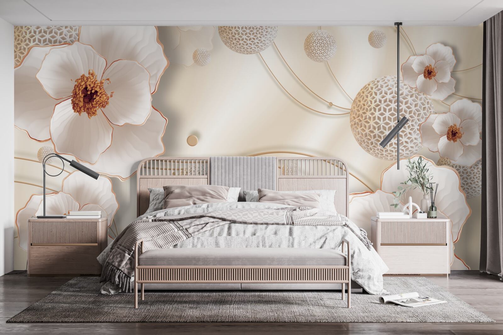 Fototapeta vetvičky zdobené zlatom, bielymi kvetmi a lesklými kryštálmi