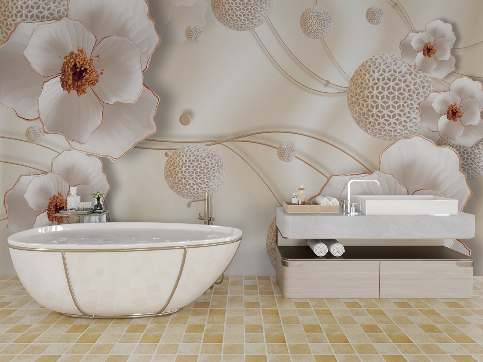 Fototapeta vetvičky zdobené zlatom, bielymi kvetmi a lesklými kryštálmi