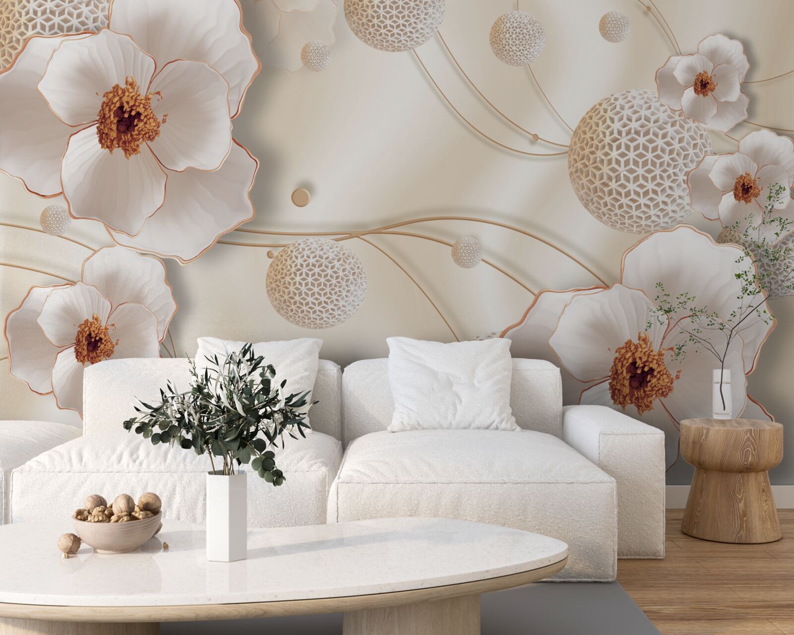 Fototapeta vetvičky zdobené zlatom, bielymi kvetmi a lesklými kryštálmi