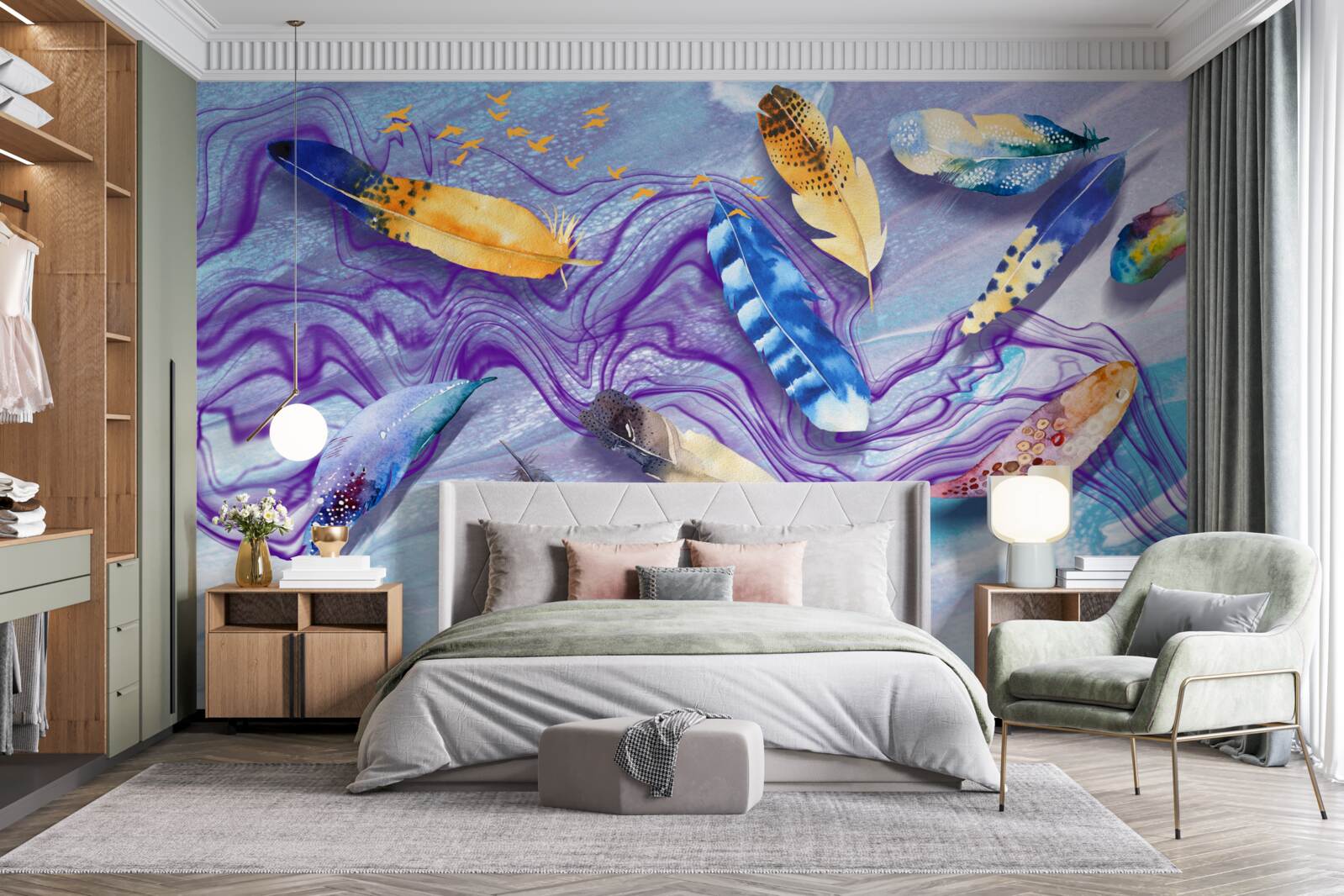 Fototapeta atramentové vlny sú zdobené pierkami