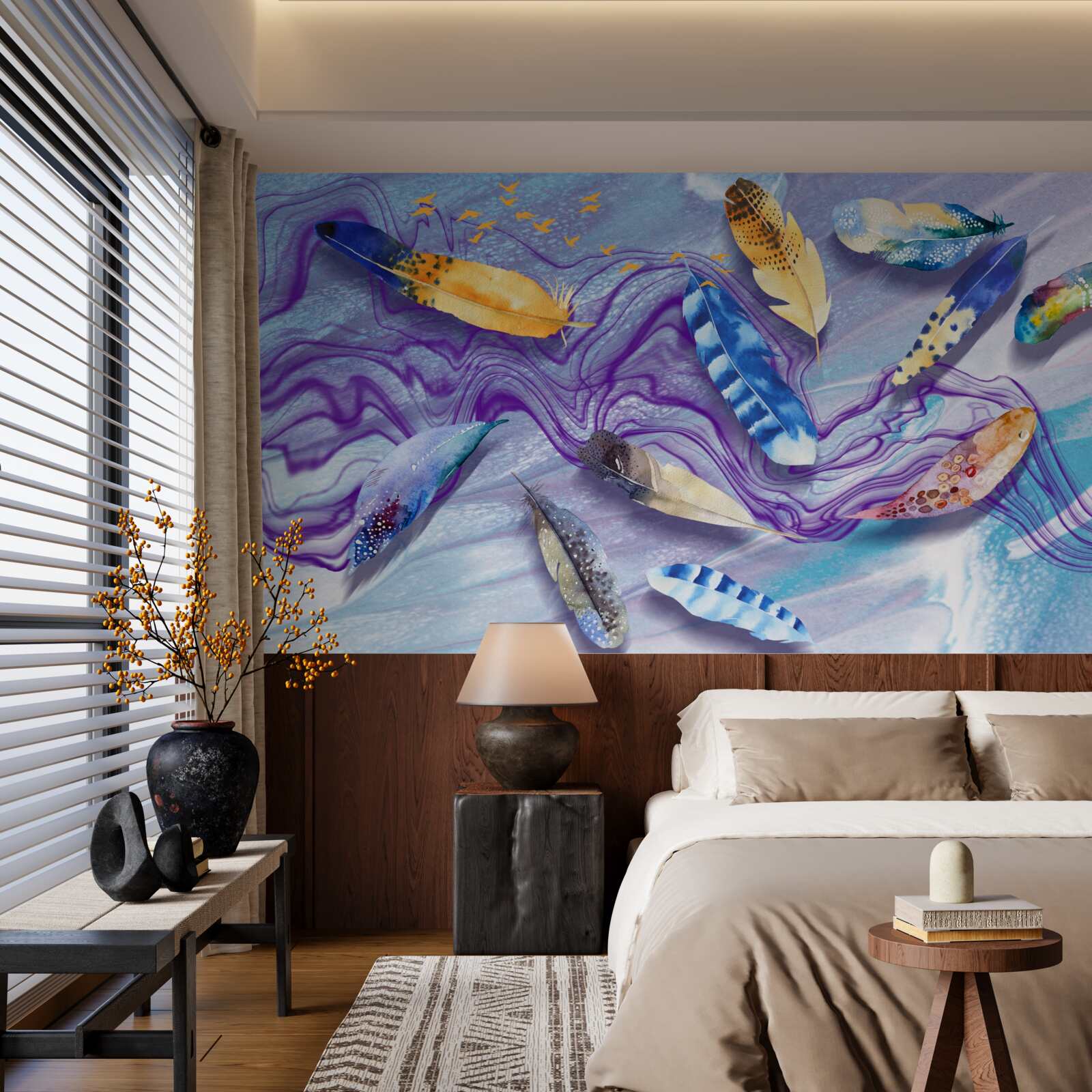 Fototapeta atramentové vlny sú zdobené pierkami