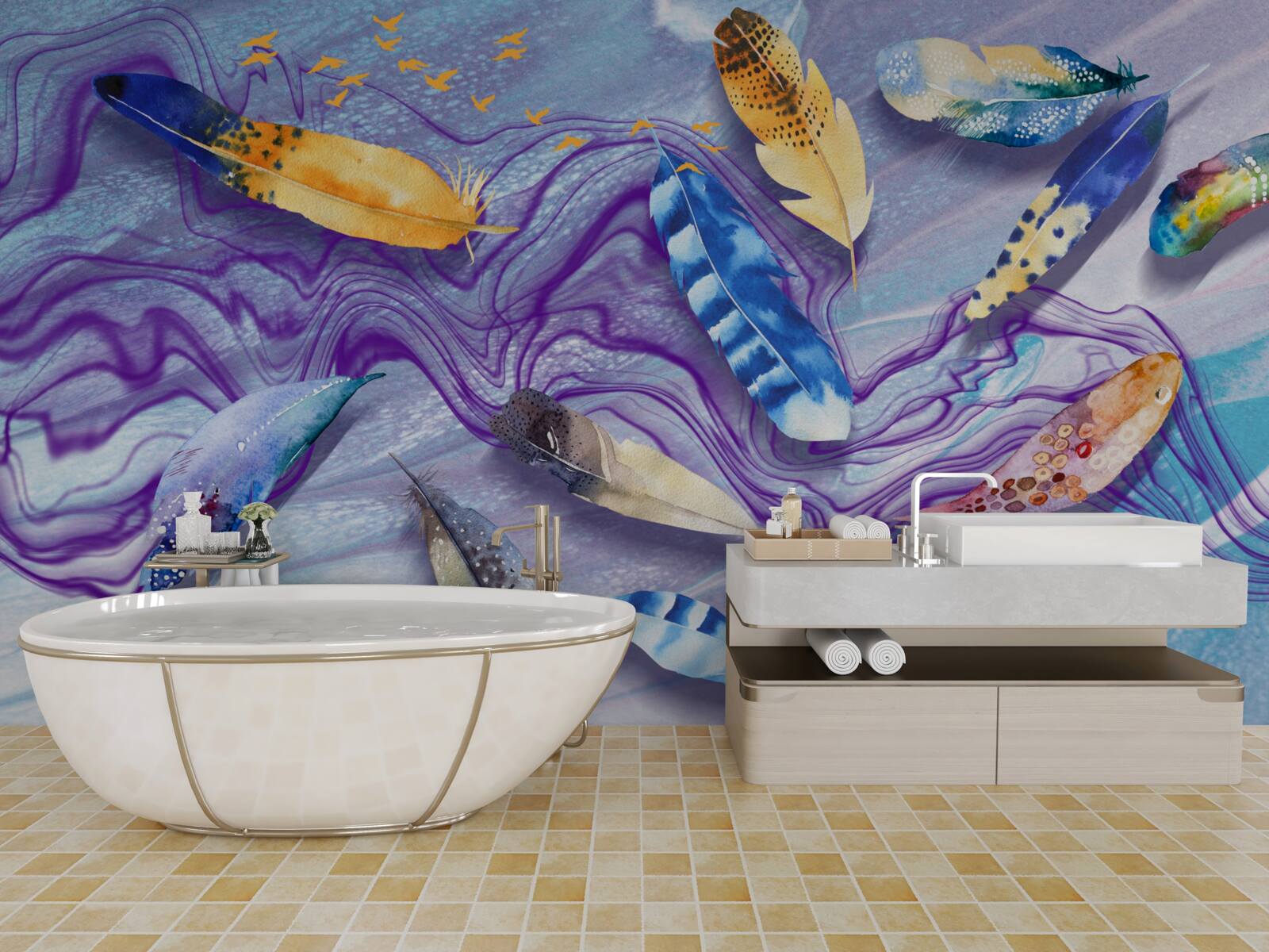 Fototapeta atramentové vlny sú zdobené pierkami