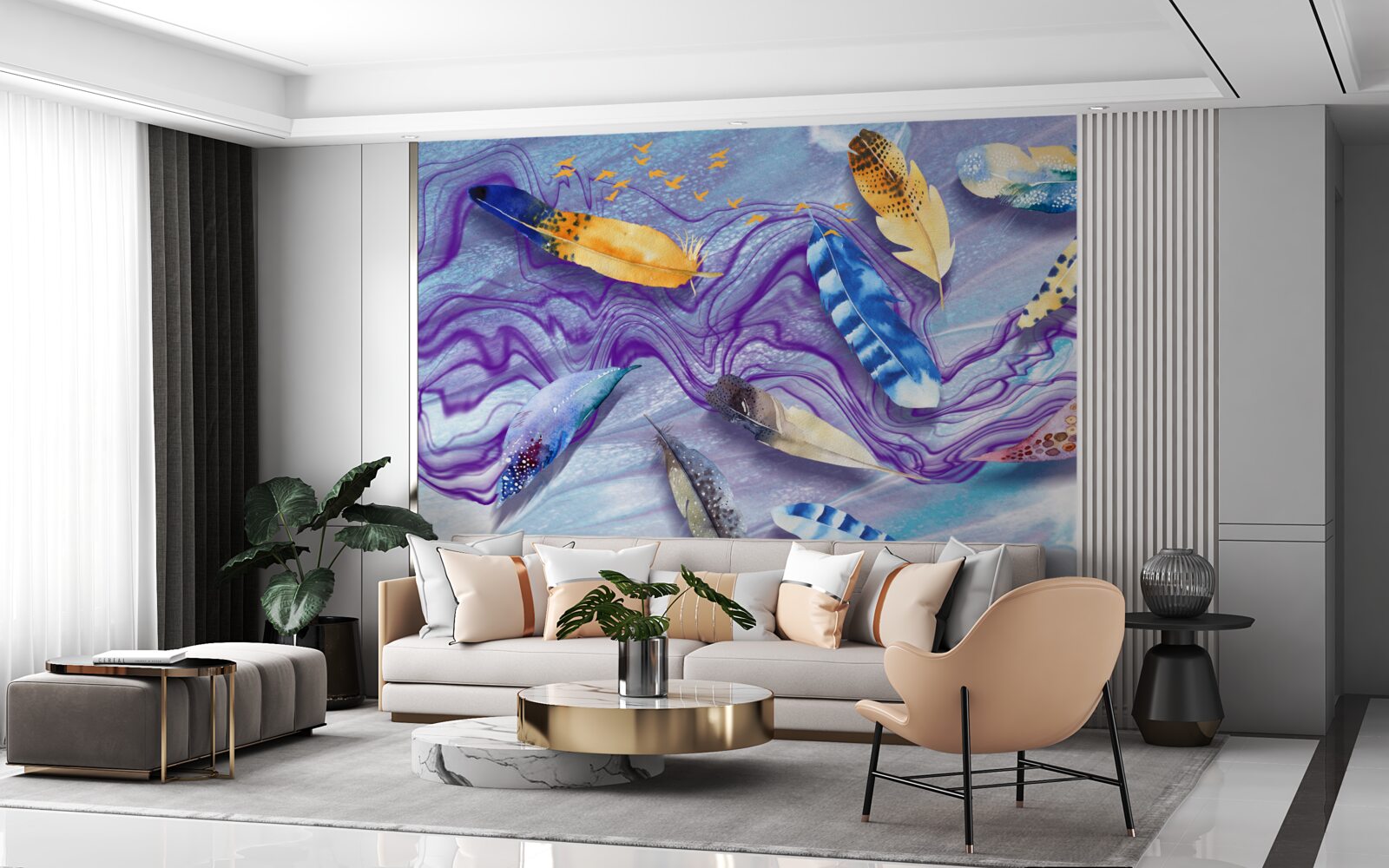 Fototapeta atramentové vlny sú zdobené pierkami