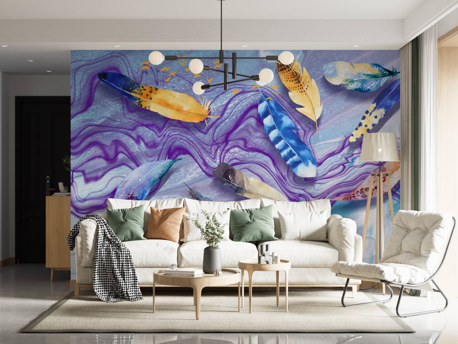 Fototapeta atramentové vlny sú zdobené pierkami