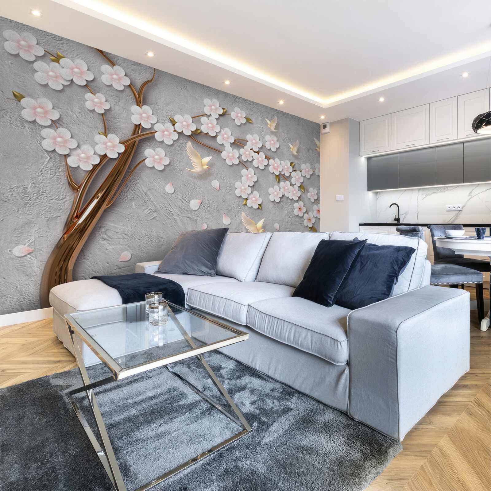 Fototapeta rozkvitnutý strom a snehobiele holubice