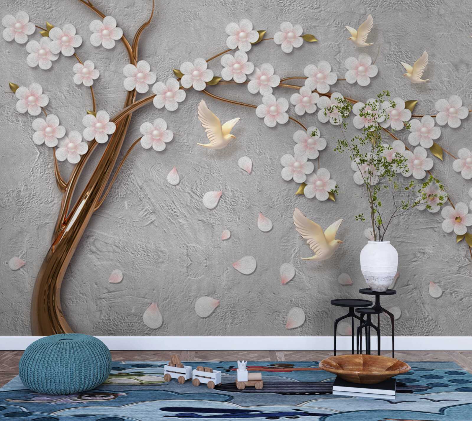 Fototapeta rozkvitnutý strom a snehobiele holubice